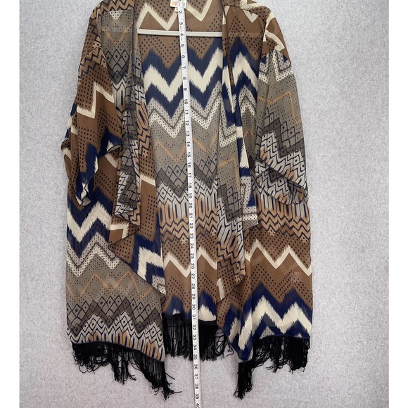 Lularoe Monroe Duster Kimono Womens Size Large Boho Brown Multi with Fringe - Picture 7 of 8